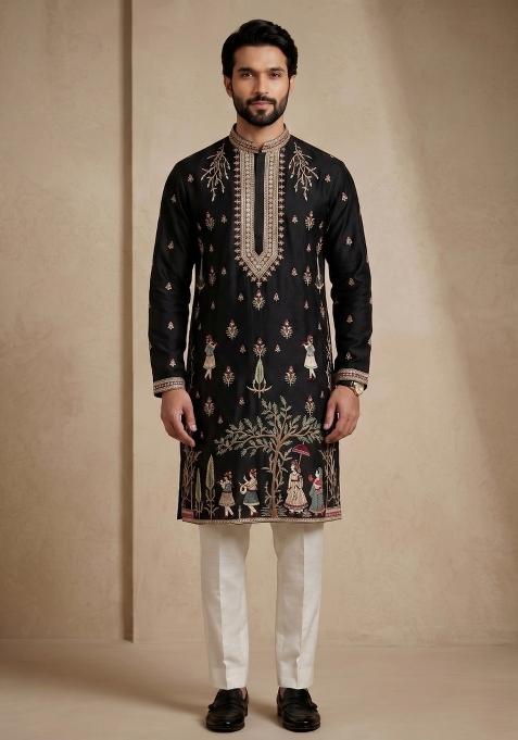 Black Embroidery Satin Kurta Pajama For Men