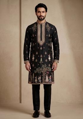 Black Embroidery Satin Kurta Pajama For Men