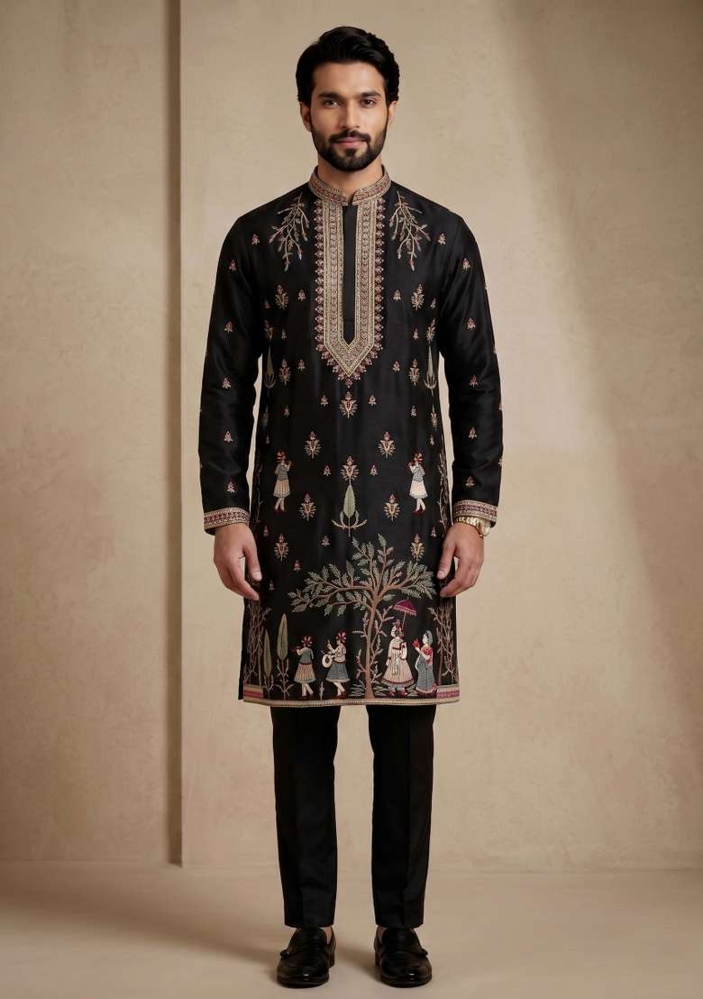 Black Embroidery Satin Kurta Pajama For Men - Indya
