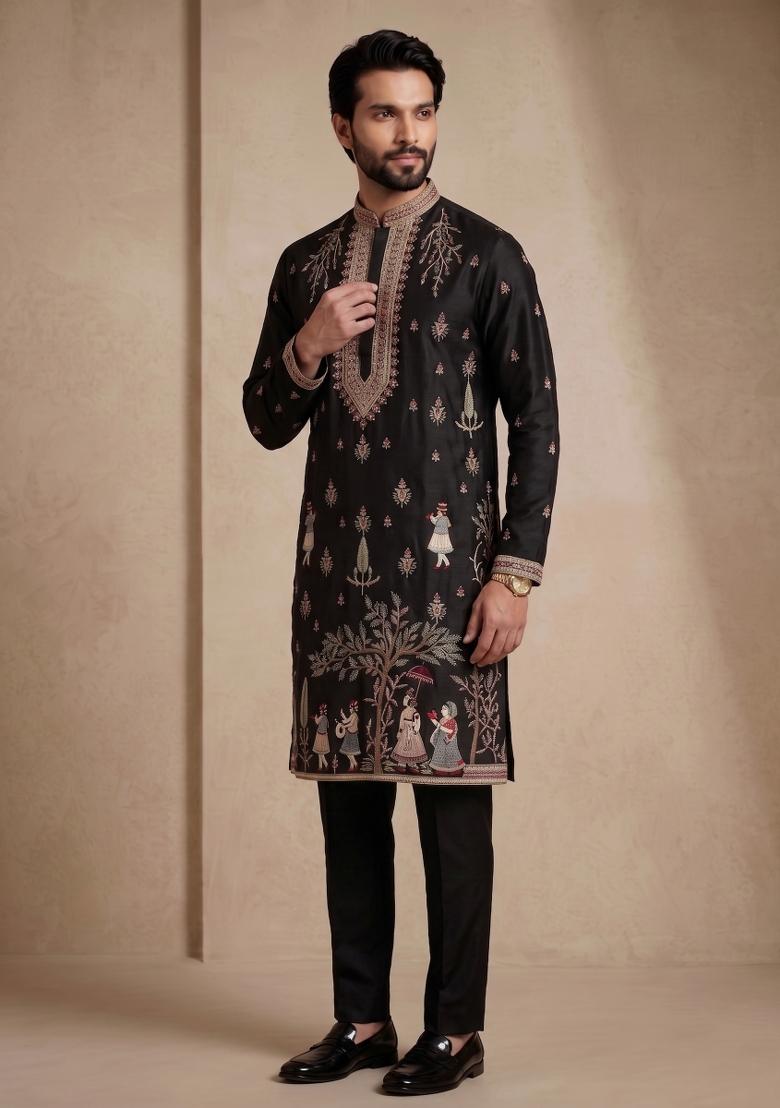 Black Embroidery Satin Kurta Pajama For Men - Indya