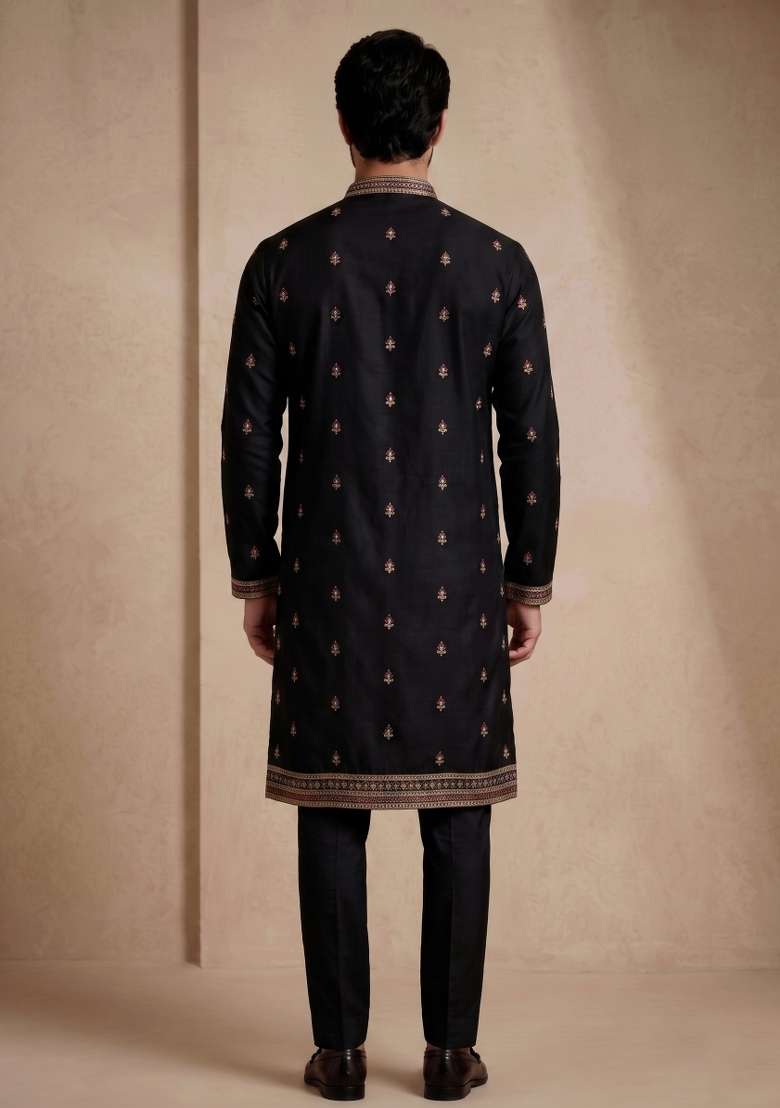 Black Embroidery Satin Kurta Pajama For Men - Indya