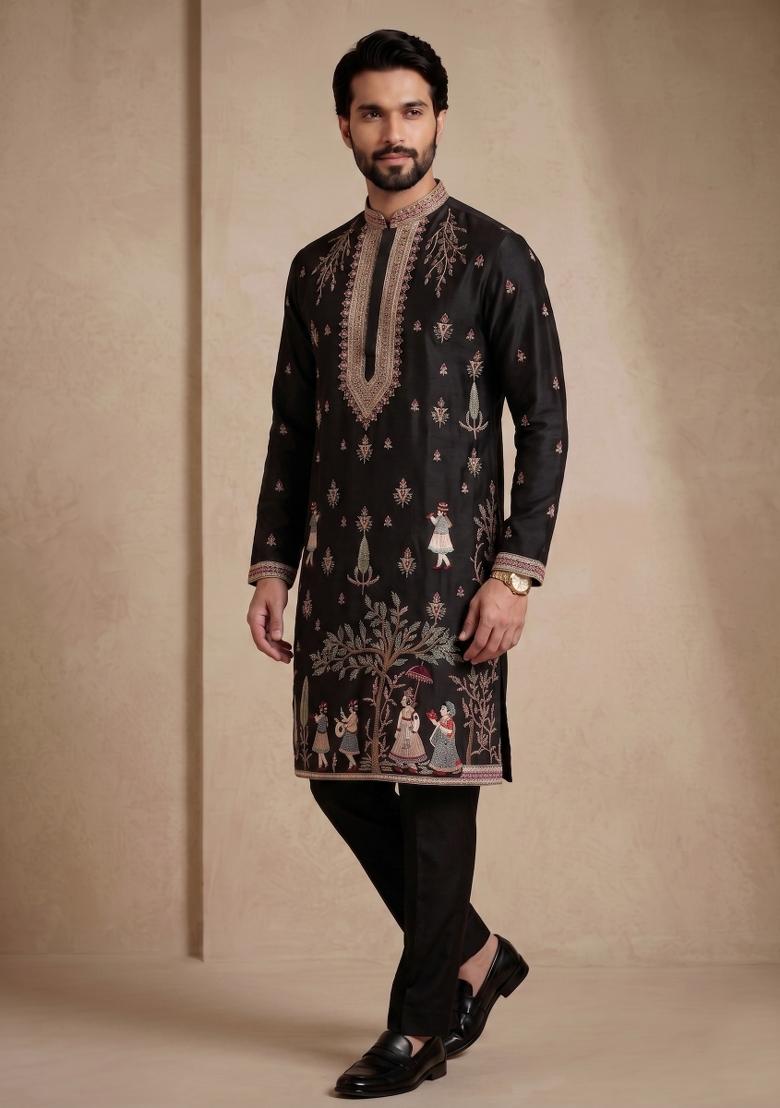 Black Embroidery Satin Kurta Pajama For Men - Indya