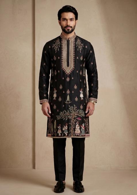 Black Embroidery Satin Kurta Pajama For Men