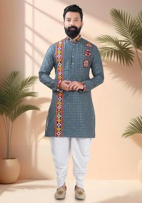 Blue Embroidery Cotton Kurta For Men