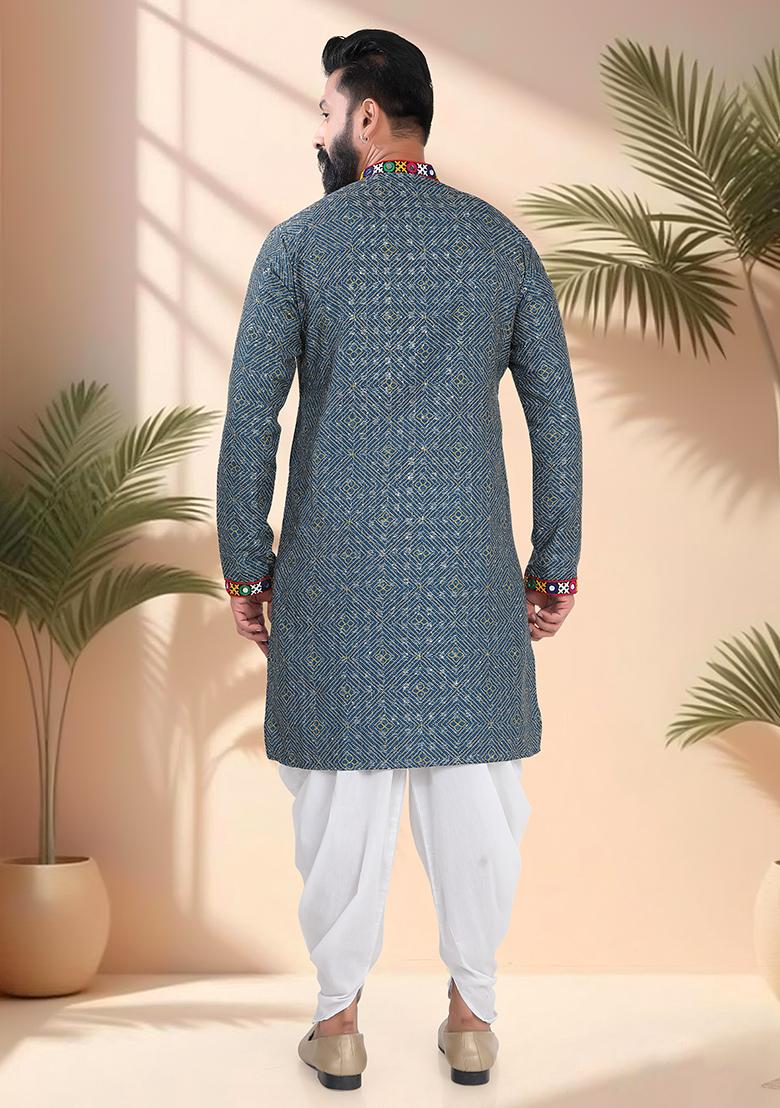 Blue Embroidery Cotton Kurta For Men - Indya