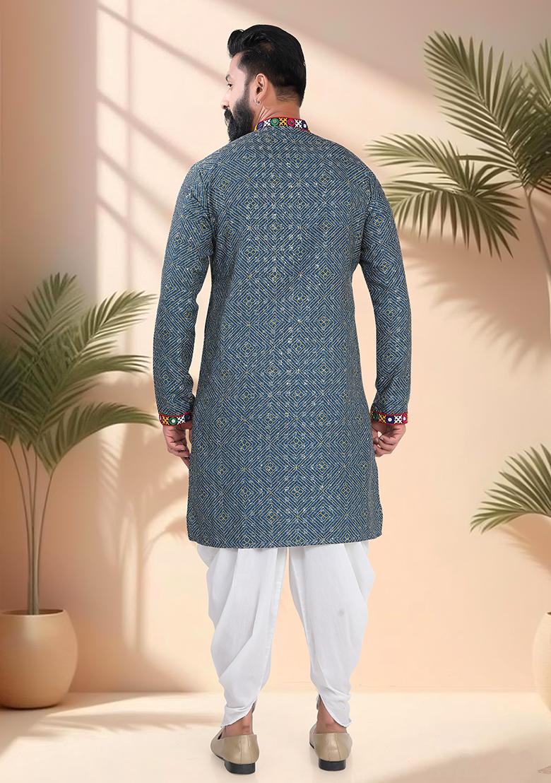 Blue Embroidery Cotton Kurta Set For Men - Indya