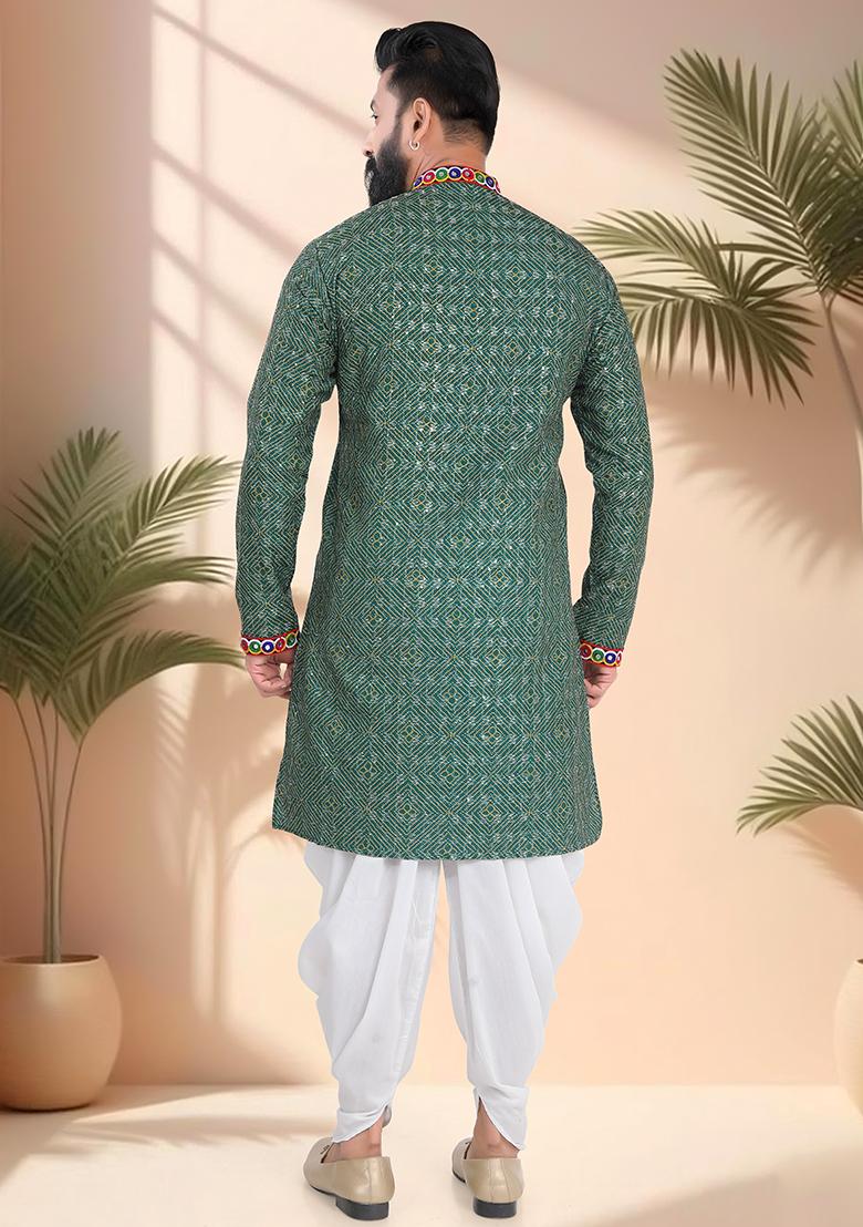 Green Embroidery Cotton Kurta For Men - Indya