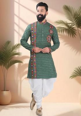 Green Embroidery Cotton Kurta Set For Men