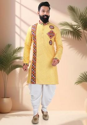 Yellow Embroidery Cotton Kurta For Men
