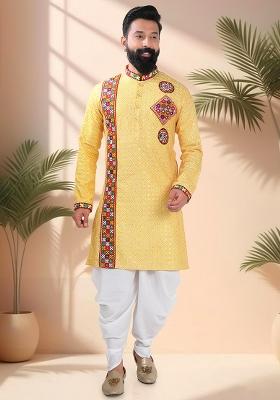 Yellow Embroidery Cotton Kurta Set For Men