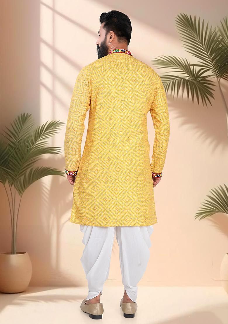 Yellow Embroidery Cotton Kurta Set For Men - Indya