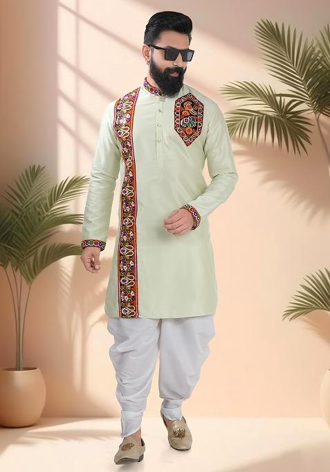Green Embroidery Silk Kurta For Men