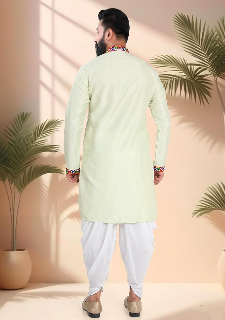 Green Embroidery Silk Kurta Set For Men - Indya