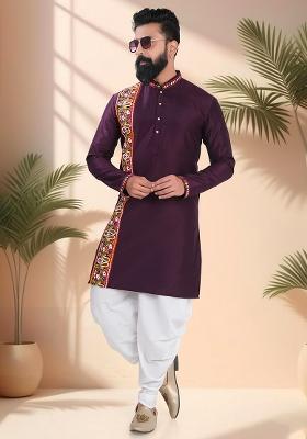 Wine Embroidery Silk Kurta For Men