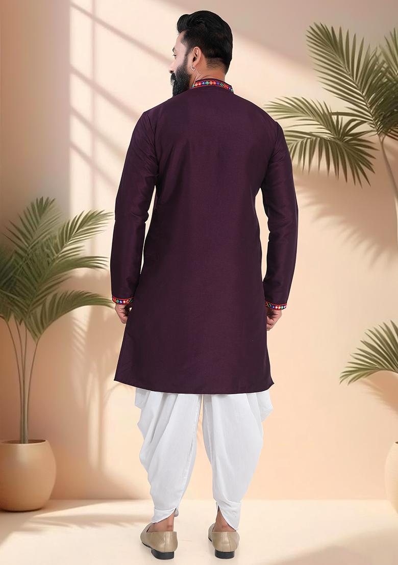 Wine Embroidery Silk Kurta For Men - Indya