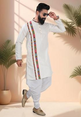 Cream Embroidery Silk Kurta For Men