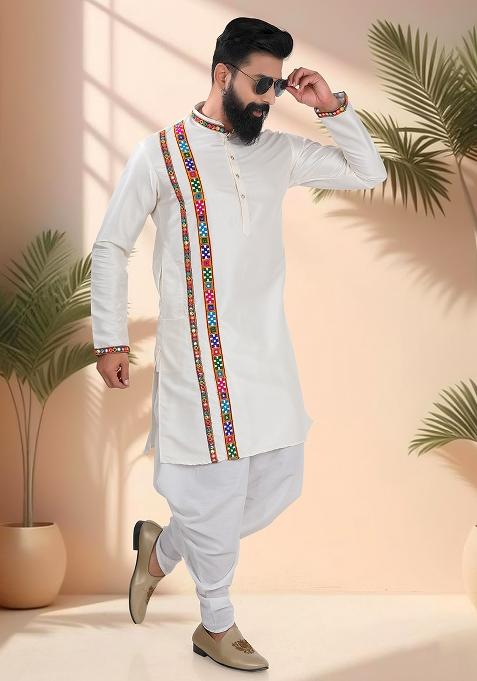 Cream Embroidery Silk Kurta For Men