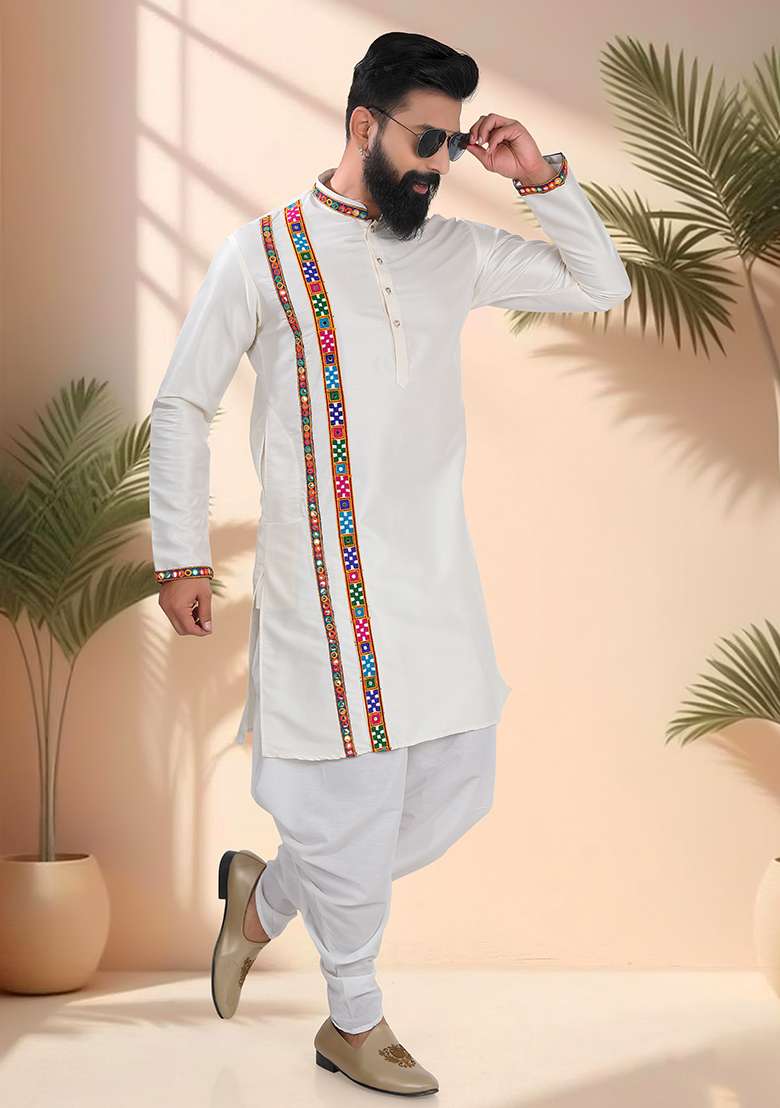 Cream Embroidery Silk Kurta Set For Men - Indya