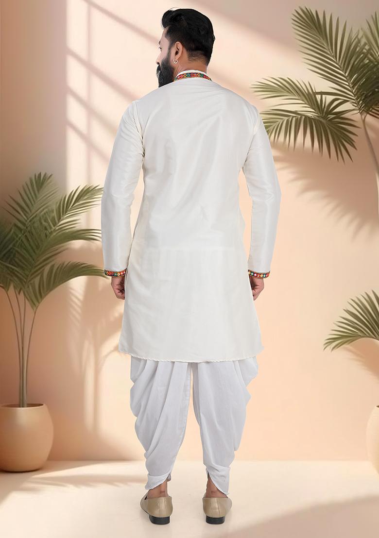 Cream Embroidery Silk Kurta Set For Men - Indya