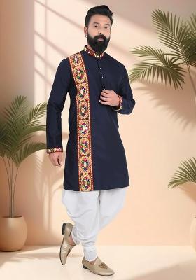 Blue Embroidery Silk Kurta For Men