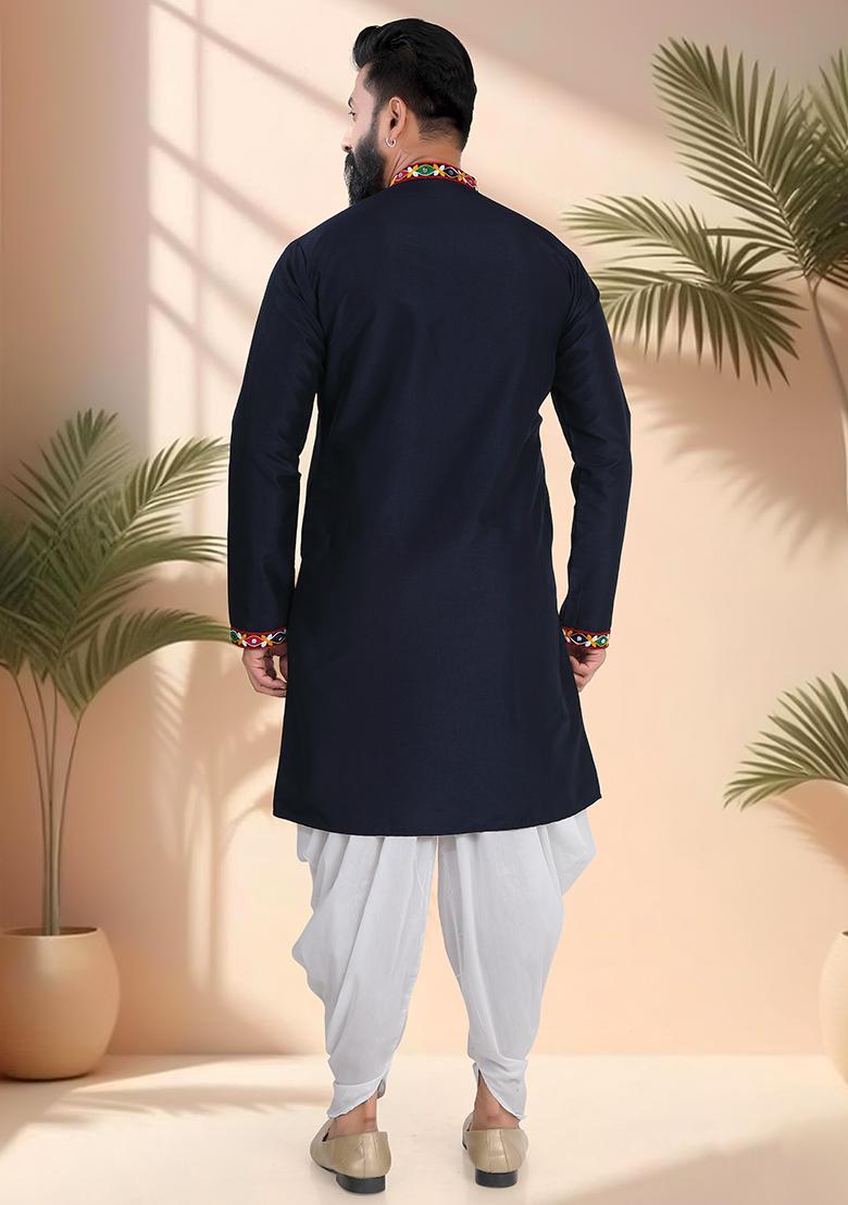 Blue Embroidery Silk Kurta For Men - Indya