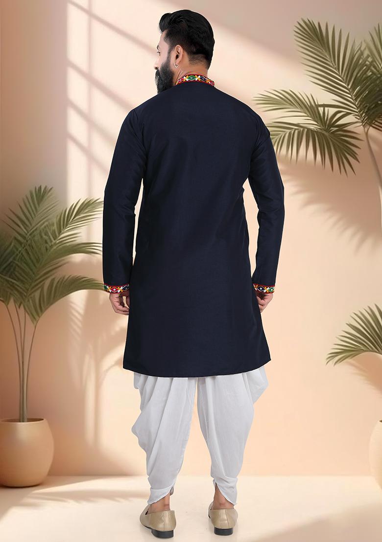 Blue Embroidery Silk Kurta Set For Men - Indya