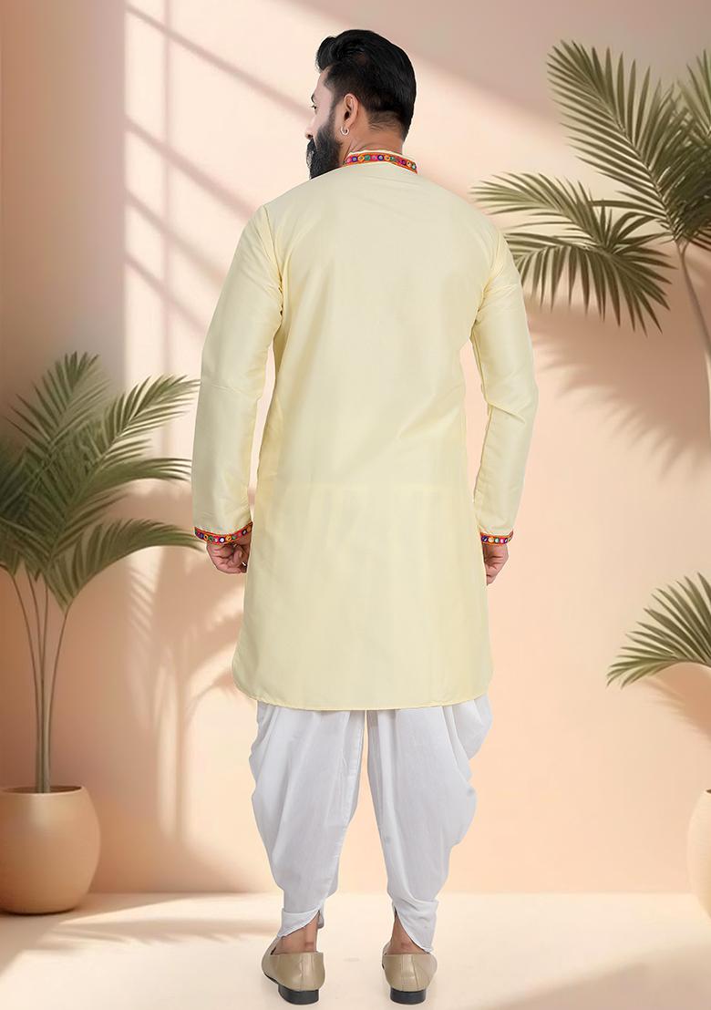 Yellow Embroidery Silk Kurta For Men - Indya