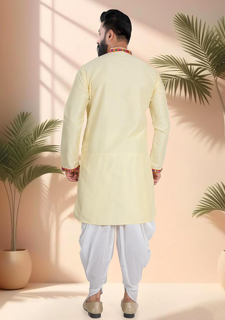 Yellow Embroidery Silk Kurta Set For Men - Indya