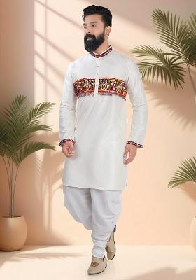 White Embroidery Silk Kurta For Men