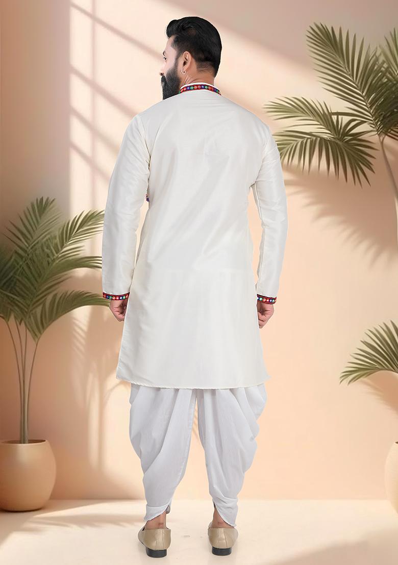 White Embroidery Silk Kurta For Men - Indya