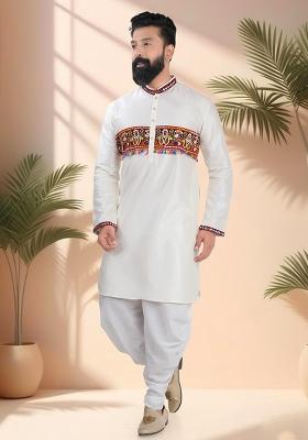 White Embroidery Silk Kurta Set For Men