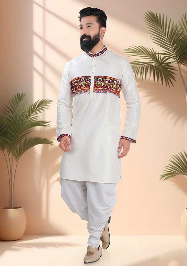 White Embroidery Silk Kurta Set For Men - Indya
