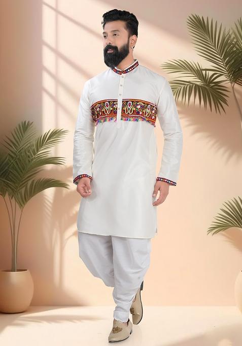 White Embroidery Silk Kurta Set For Men