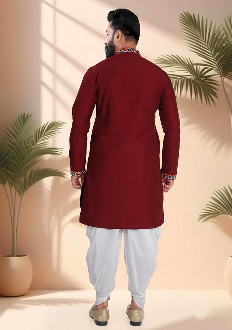 Maroon Embroidery Silk Kurta For Men - Indya