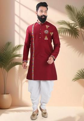 Maroon Embroidery Silk Kurta Set For Men