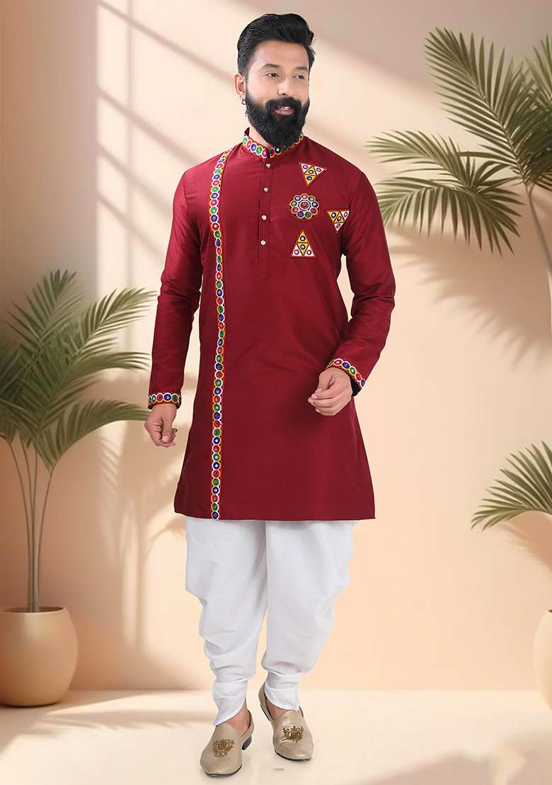 Maroon Embroidery Silk Kurta Set For Men - Indya