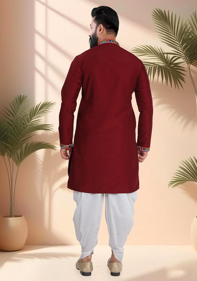 Maroon Embroidery Silk Kurta Set For Men - Indya