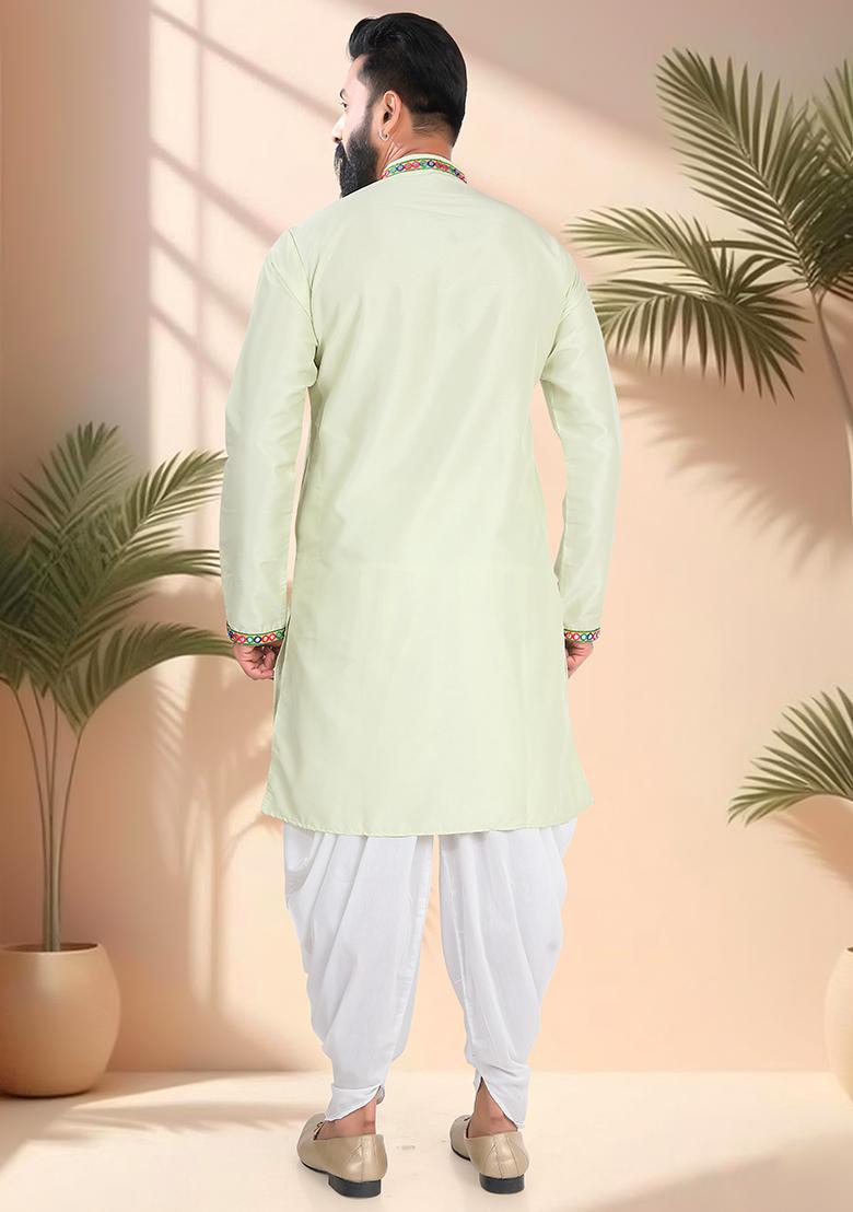 Green Embroidery Silk Kurta For Men - Indya