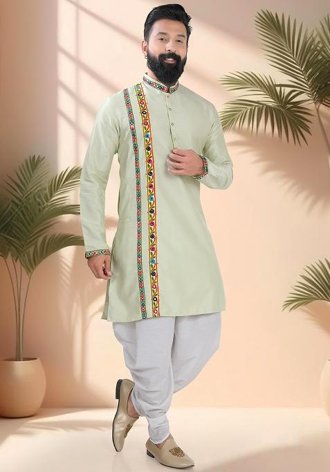 Green Embroidery Silk Kurta For Men
