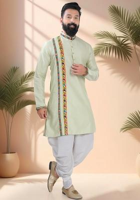 Green Embroidery Silk Kurta Set For Men