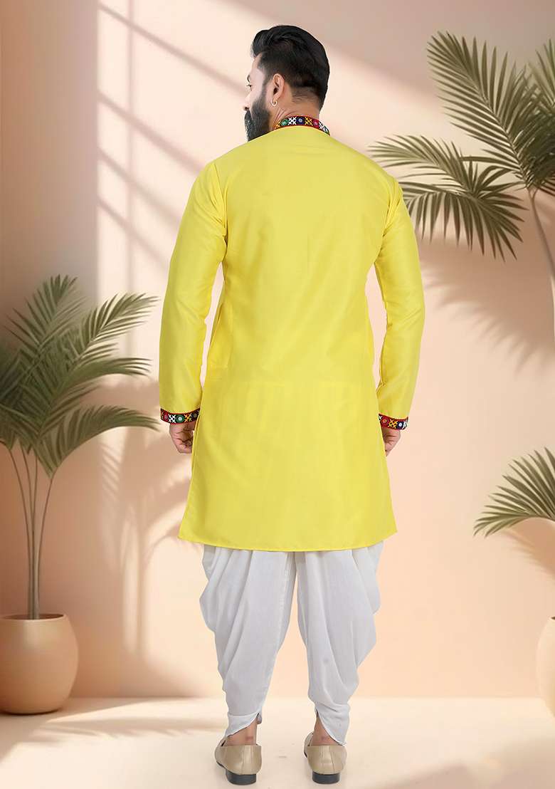 Yellow Embroidery Silk Kurta For Men - Indya