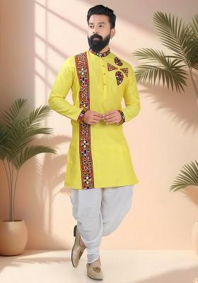 Yellow Embroidery Silk Kurta Set For Men