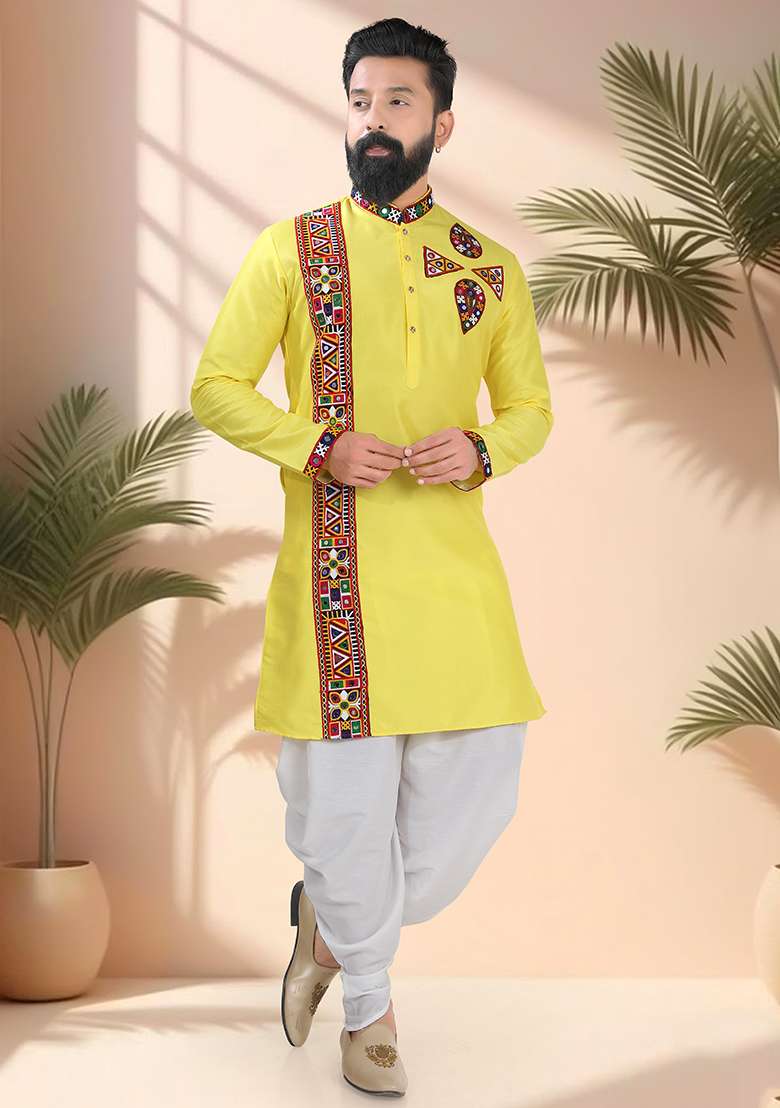 Yellow Embroidery Silk Kurta Set For Men - Indya