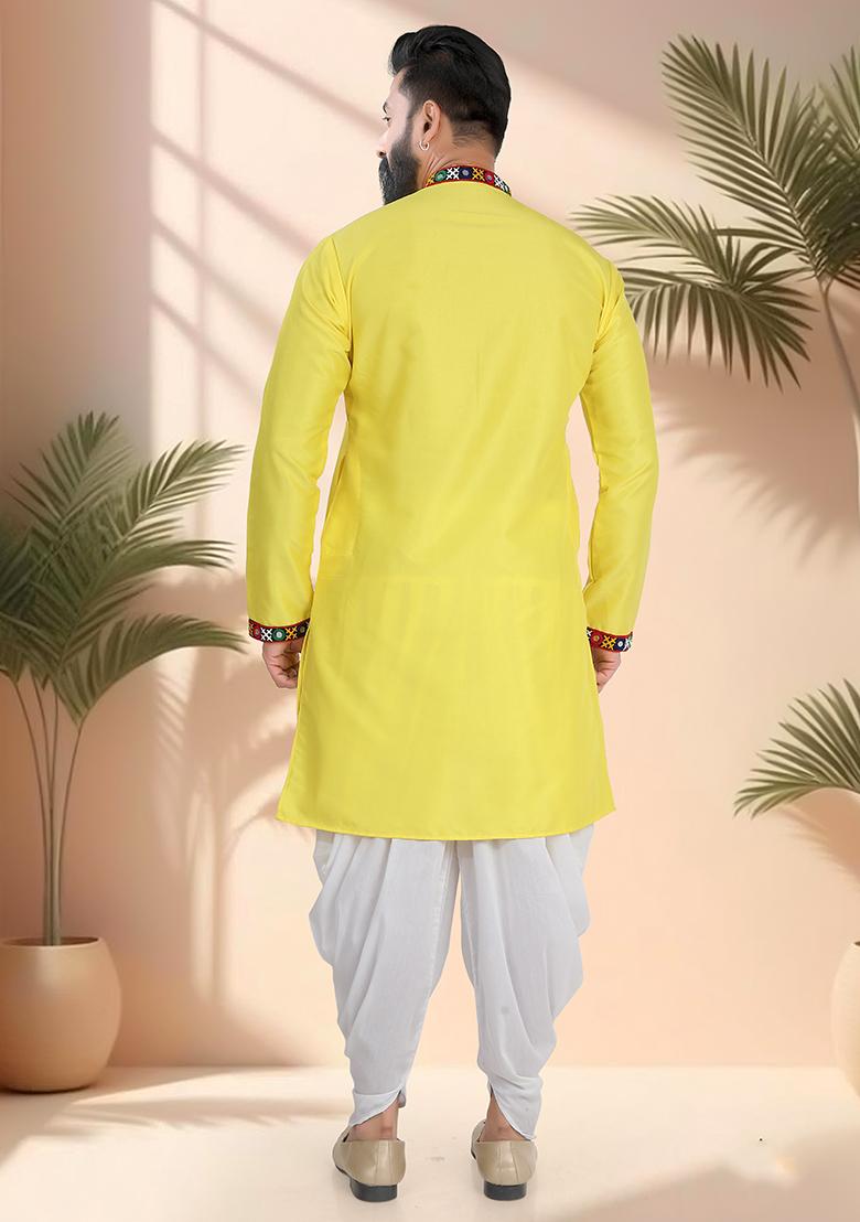 Yellow Embroidery Silk Kurta Set For Men - Indya