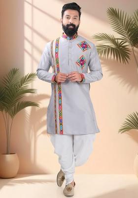 Grey Embroidery Silk Kurta For Men