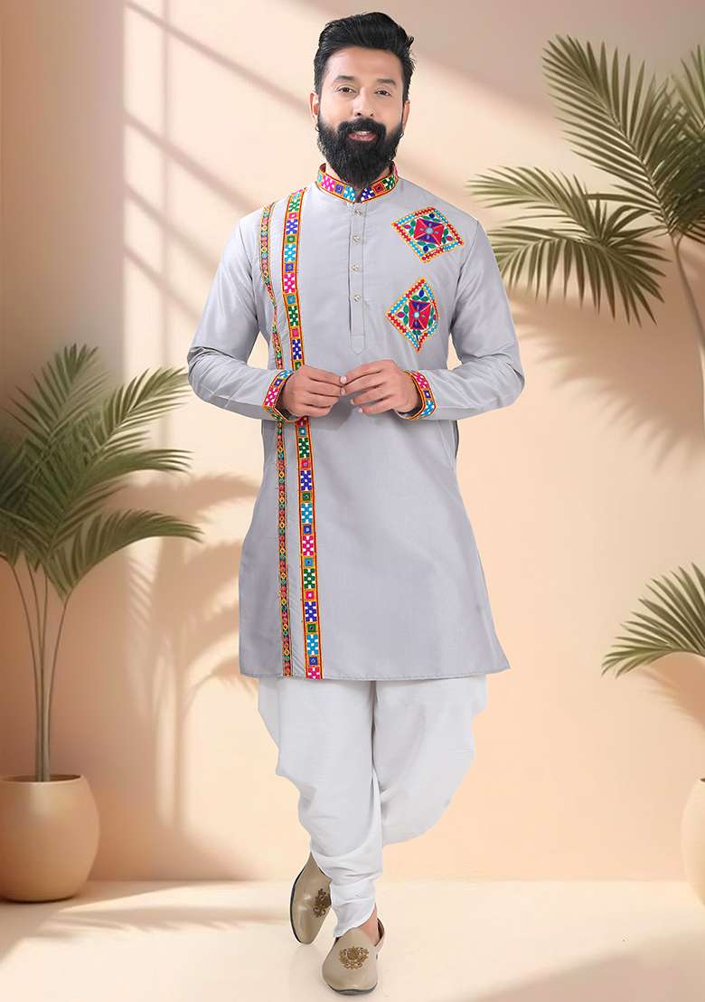 Grey Embroidery Silk Kurta For Men - Indya