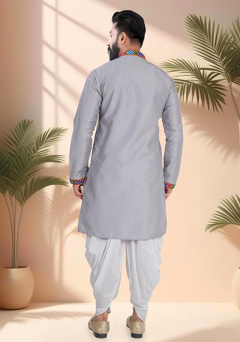 Grey Embroidery Silk Kurta For Men - Indya