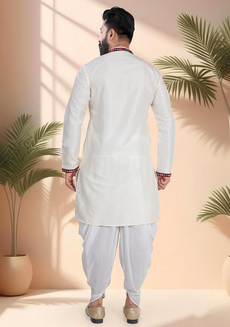 Cream Embroidery Silk Kurta For Men - Indya