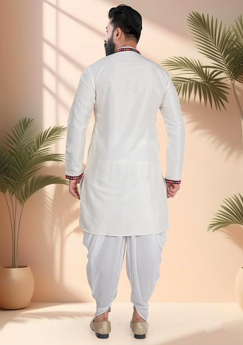 Cream Embroidery Silk Kurta Set For Men - Indya