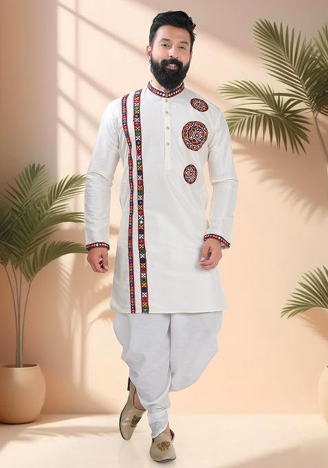 Cream Embroidery Silk Kurta Set For Men